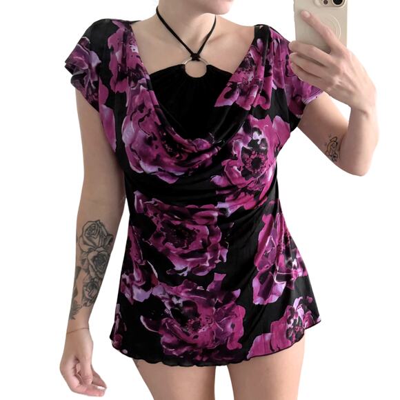 Studio Y Blouse Halter Neck T Shirt Purple Floral Witchy Whimsygoth Y2k Medium - Picture 1 of 6